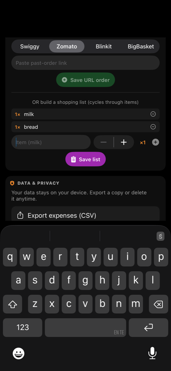 Screenshot: shopping-list editor with milk ×2, bread ×1…