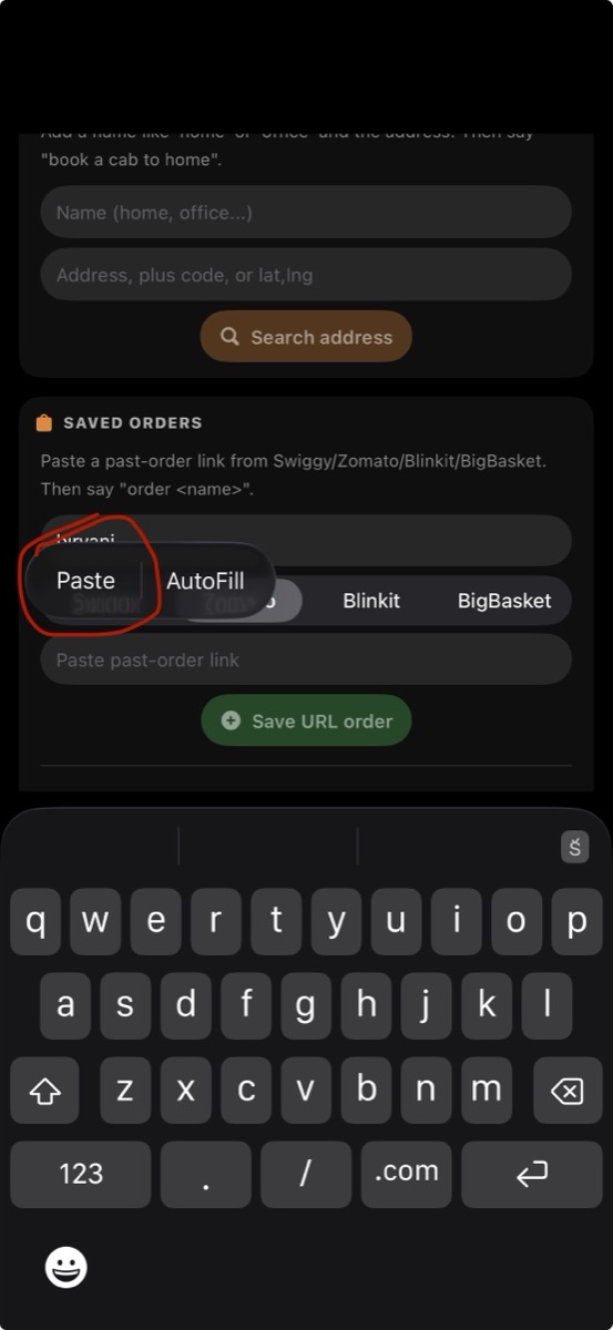 Screenshot: Saved orders — Name + App picker + pasted link + Save