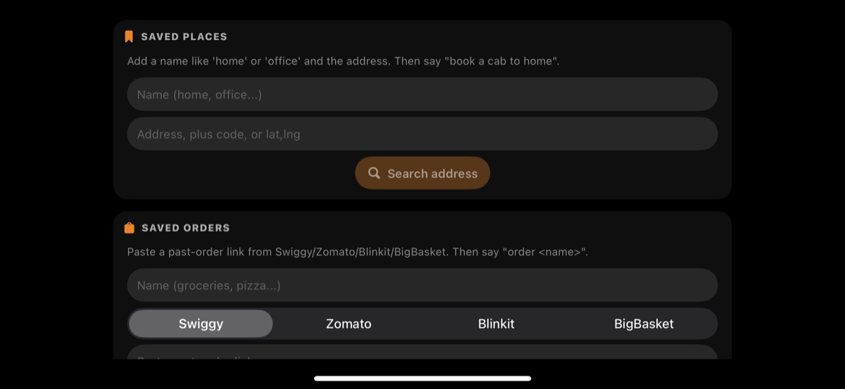 Screenshot: Saved places editor with home/office