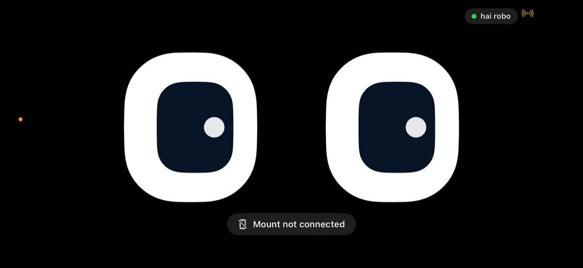 Screenshot: main screen (eyes) + “hai robo” badge